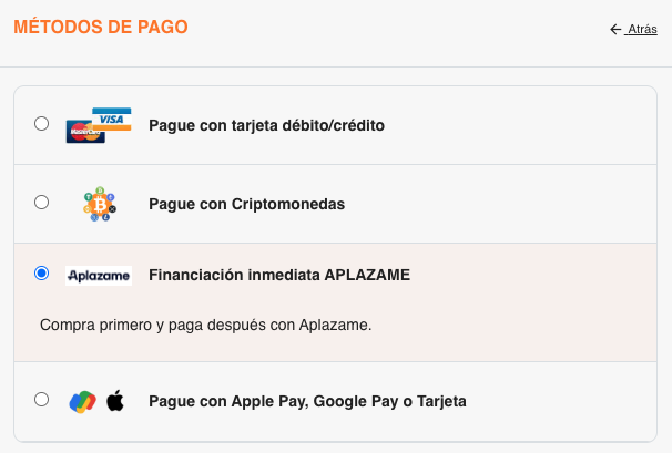 Selección método de pago